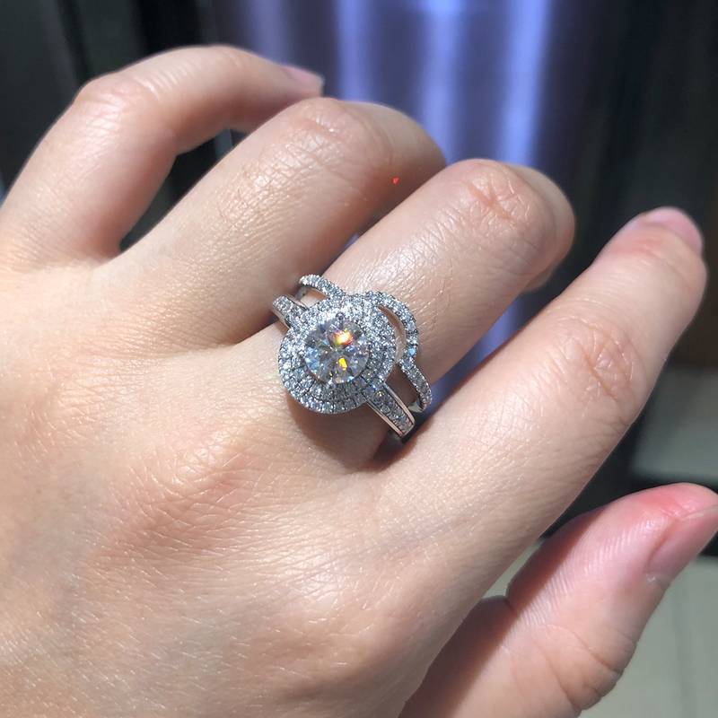 S925银镀白金主副套戒叠戴女戒定制选款主石莫桑钻1.0ct/副石高碳钻